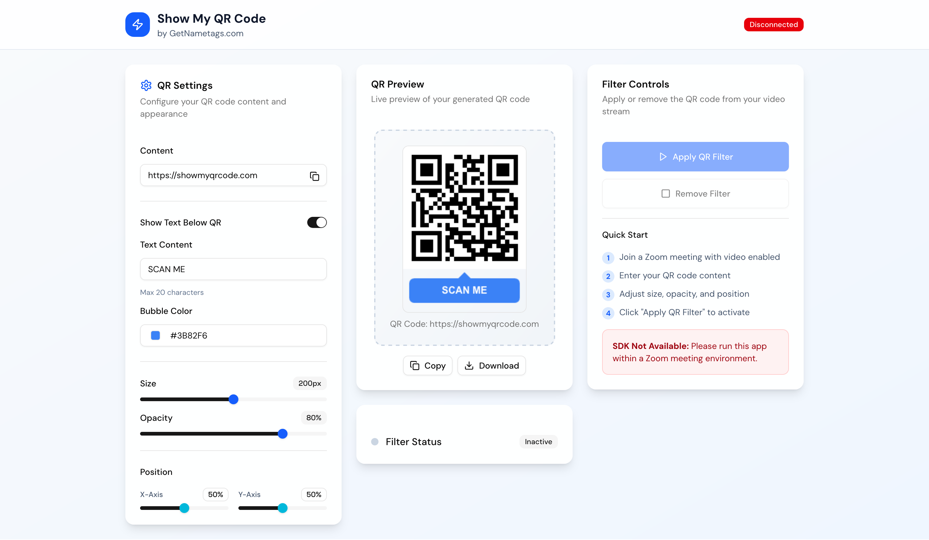 Show My QR Code app interface showing QR settings, live preview, and filter controls